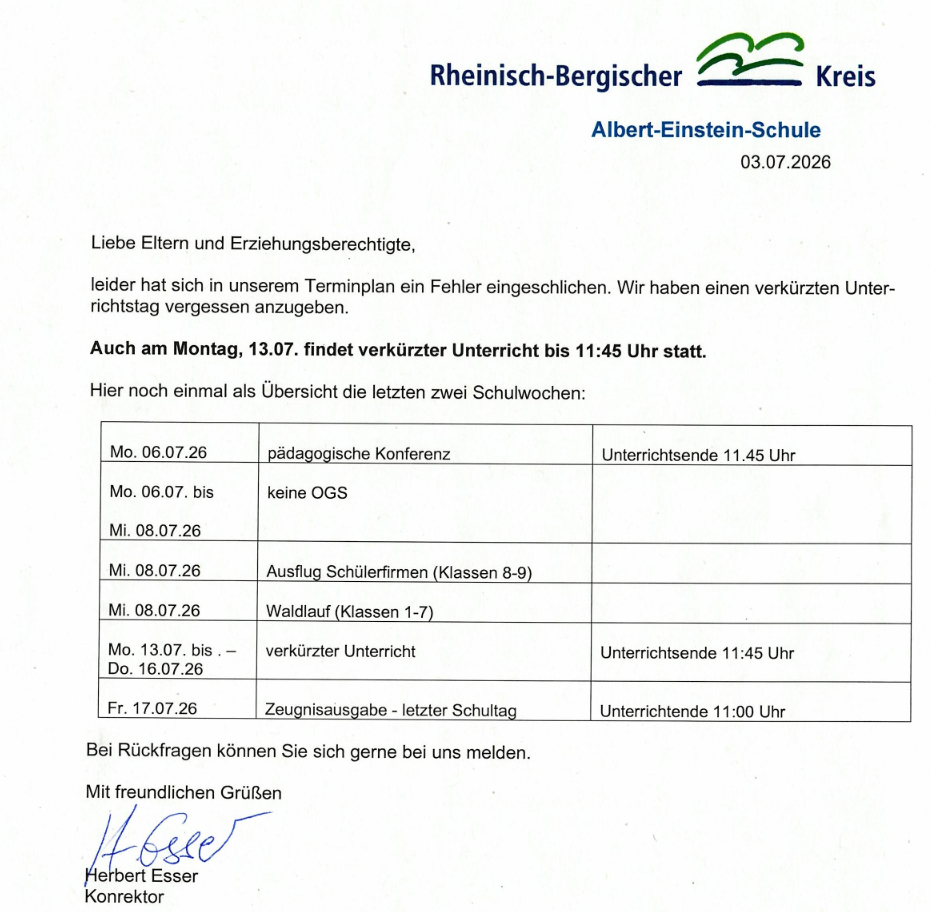 Terminplan bis Ende des Schuljahres 25 26